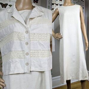 Vintage 90s Katlyn O'Farrel Dress Jacket Set Crochet Linen Cream Size Petite 12